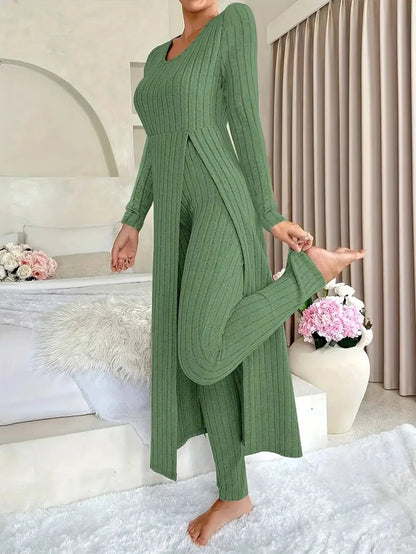 O-Neck Split Top & Slim Trousers Lounge Set
