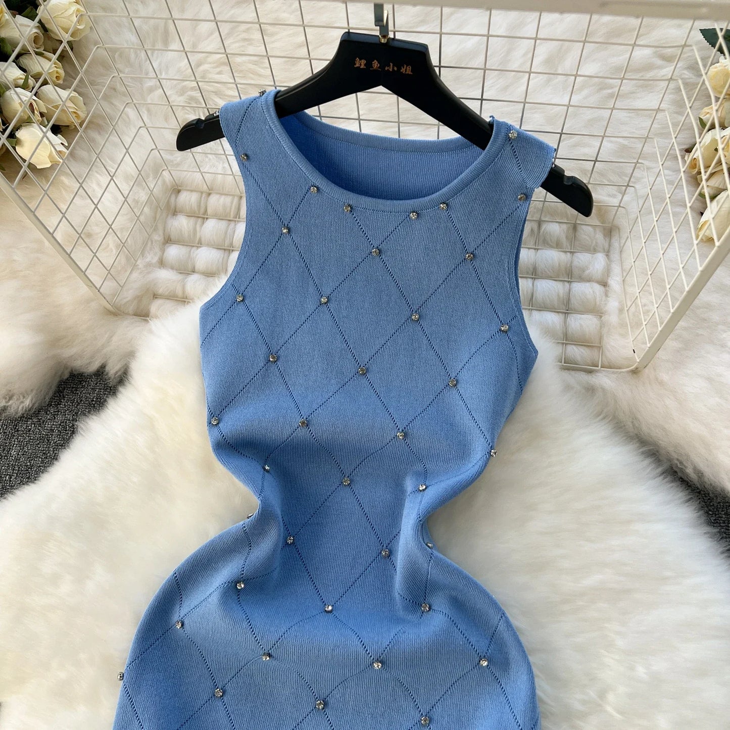 Beading  Summer Women's Knitting Sheath Tank Dress Female Bodycon Knitted Camisole Sleeveless Mini Dresses For Woman Outfits