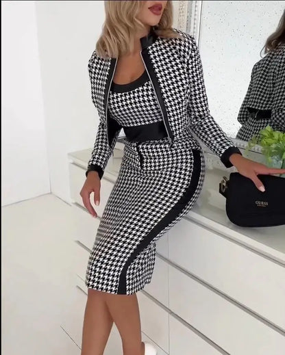 Houndstooth Print 3-Piece Skirt Set
