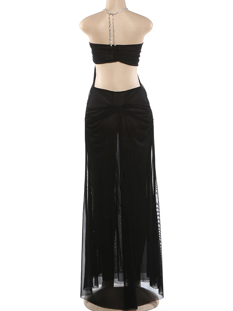 Nibber Prom Party Gown Dress Woman Sexy See Through Luxury Chain Halter Low-Neck Backless Sleeveless Midnight Elegant Vestidos