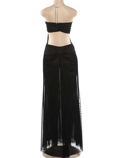 Halter See-Through Chain Backless Maxi Gown