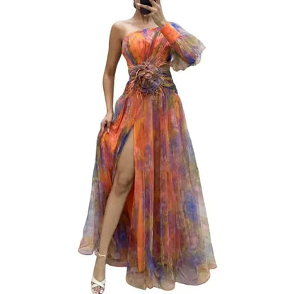 Formal Party Dress One Shoulder Tie-dye