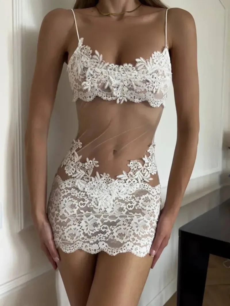 Sheer Mesh Lace Strap Flower Embroidery