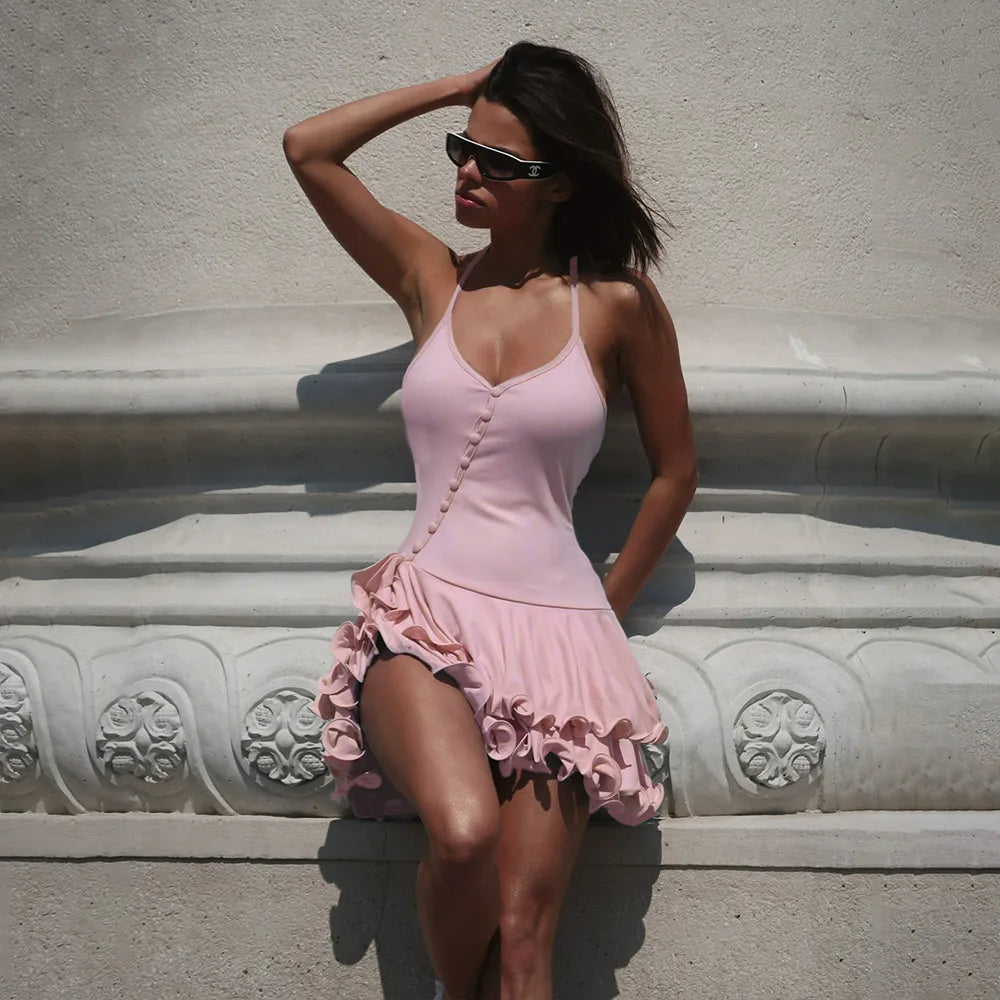 Ruffled V-Neck Button Mini Dress