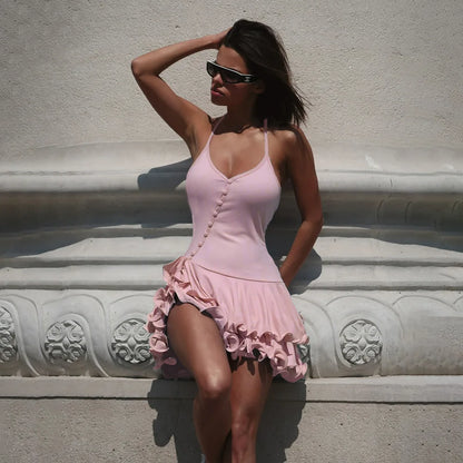 V-Neck Ruffle Hem Asymmetrical Button Mini Dress