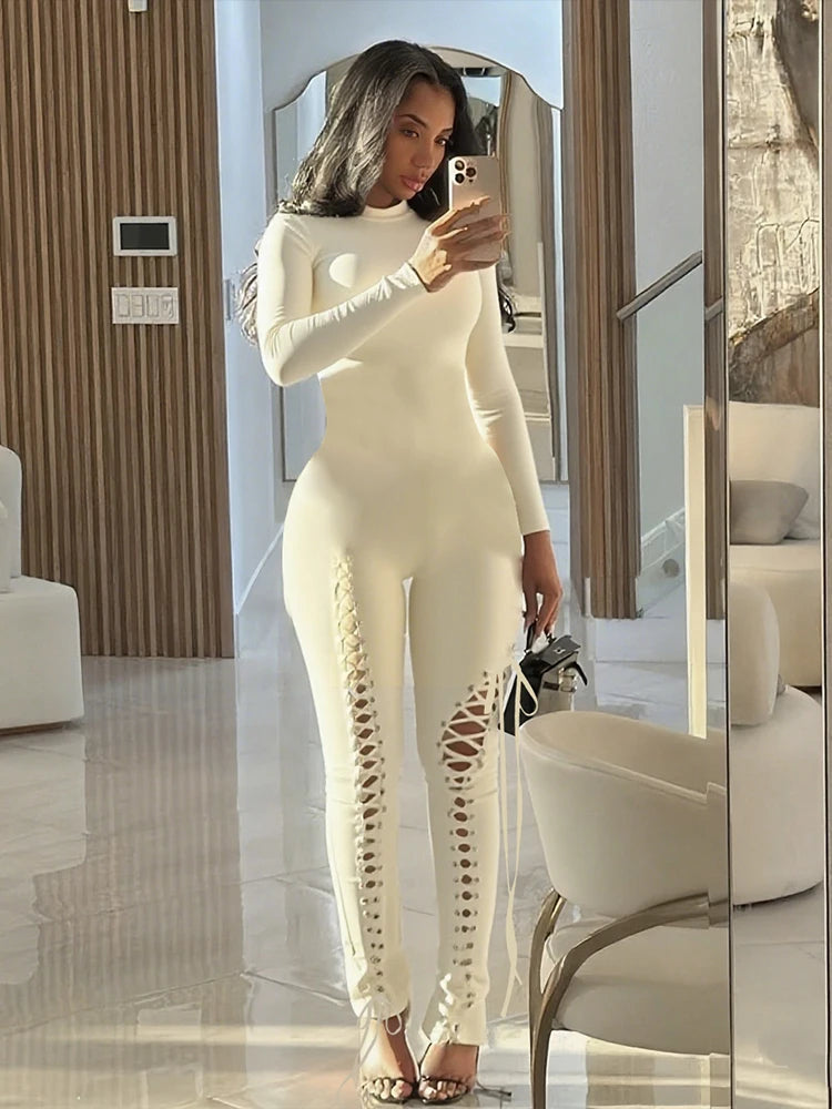 Weird Puss Sexy Fall Jumpsuits Women Diy Shirring o-Neck Full Sleeve Midnight Party Club Stretch Activity Fitness Slim Overalls