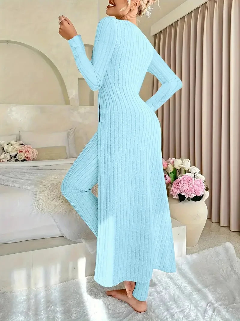 Solid Round Collar Slit Top and Trousers Set