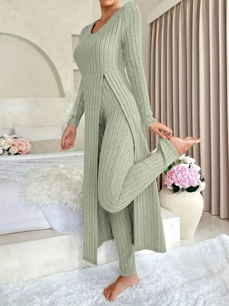 O-Neck Split Top & Slim Trousers Lounge Set