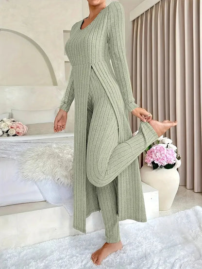 Solid Round Collar Slit Top and Trousers Set