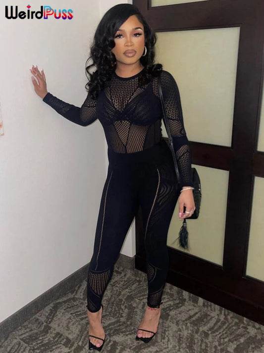 Weird Puss See Through Women Jumpsuits Long Sleeve Hollow Out Hot Girls Sexy Nightclub Dance Party Body-Shaping Coquette Outfits