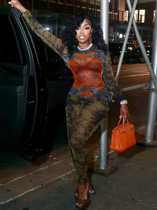 Weird Puss Sexy Fitness Jumpsuit Women Tie-Dye Print o-Neck Full Sleeve Skinny Streetwear Autumn Zip Slim Stretch Tight Overalls