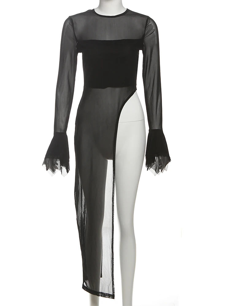 Nibber Irregular Hem t-Shirt Women Patchwork Sexy o-Neck Flared Sleeves Summer Daily Fashion Midnight Skinny Hottie Long Tops