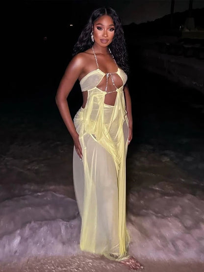 Halter Chain Ruched Mesh Maxi Dress