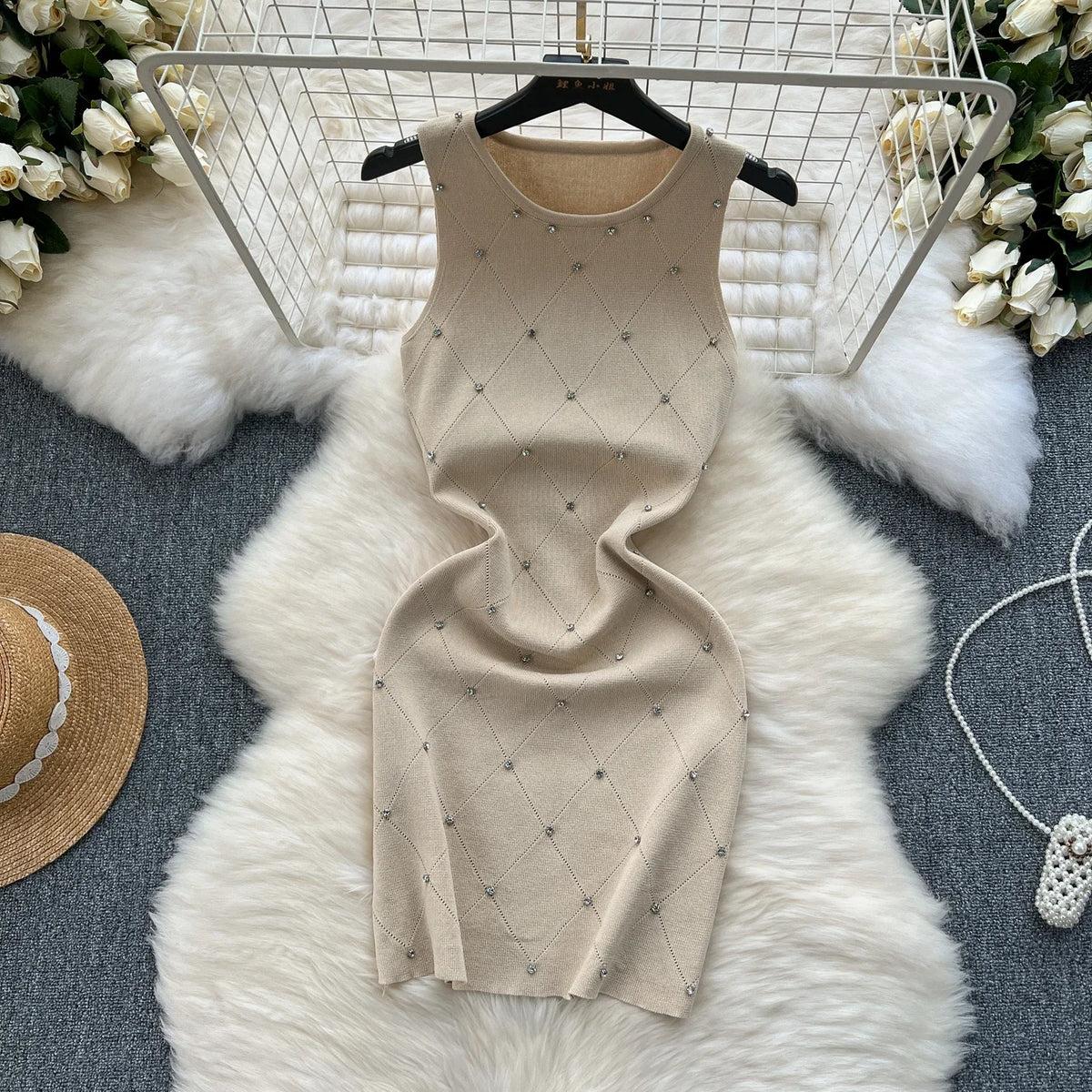 Beading Knitting Sheath Tank Dress Bodycon