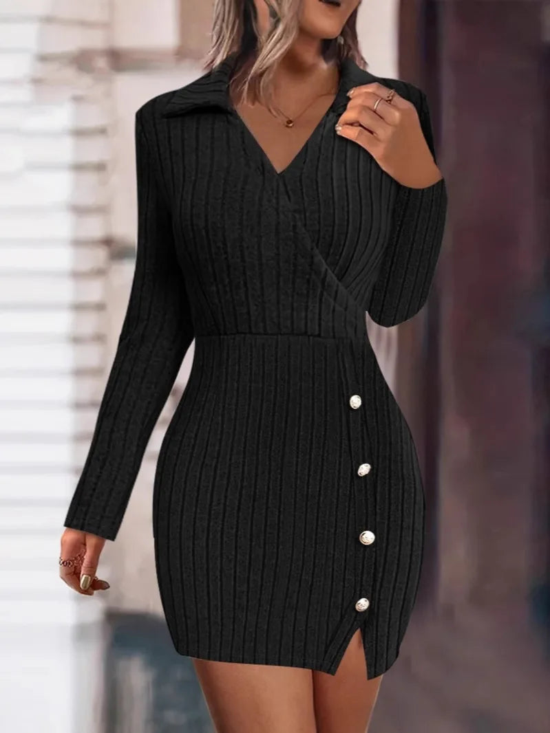 New autumn and winter solid color V-neck fitted bodycon long sleeve dress for women from Europe and America.