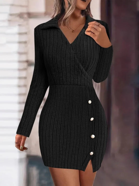 New autumn and winter solid color V-neck fitted bodycon long sleeve dress for women from Europe and America.
