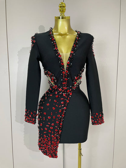 Rhinestone V-Neck Long Sleeve Bandage Dress