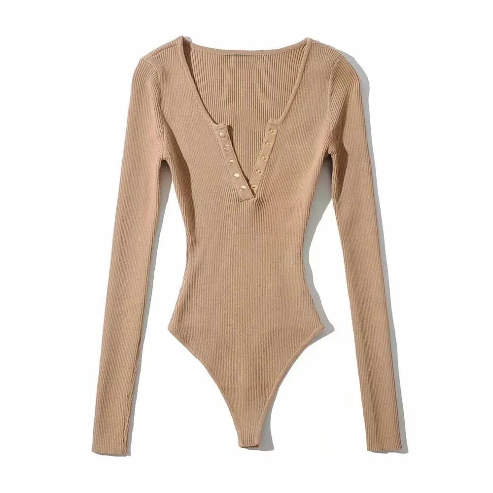 Gold Button Ribbed Knit V-Neck Bodysuit