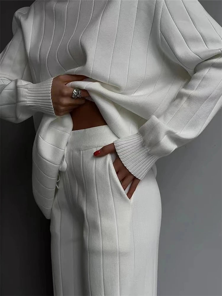 REALEFT White Sets Knitted Tracksuit Turtleneck