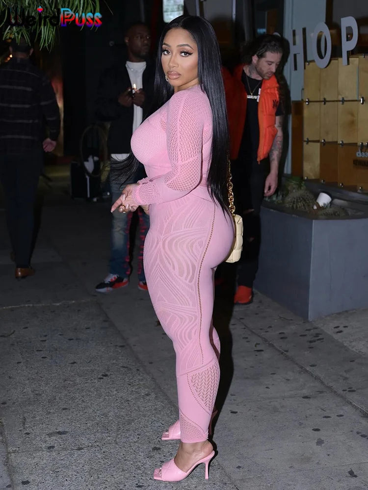 Weird Puss See Through Women Jumpsuits Long Sleeve Hollow Out Hot Girls Sexy Nightclub Dance Party Body-Shaping Coquette Outfits