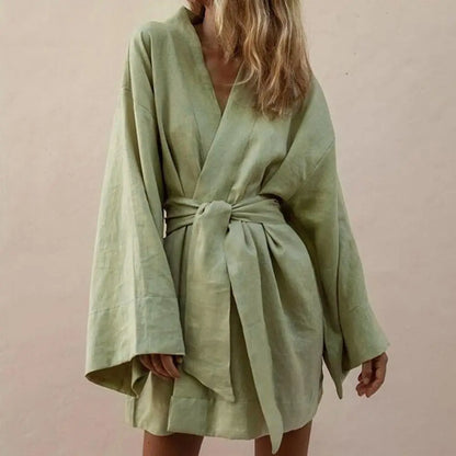 Lace-Up V-Neck Long Sleeve Shirt Dress