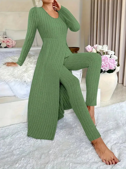 Solid Round Collar Slit Top and Trousers Set