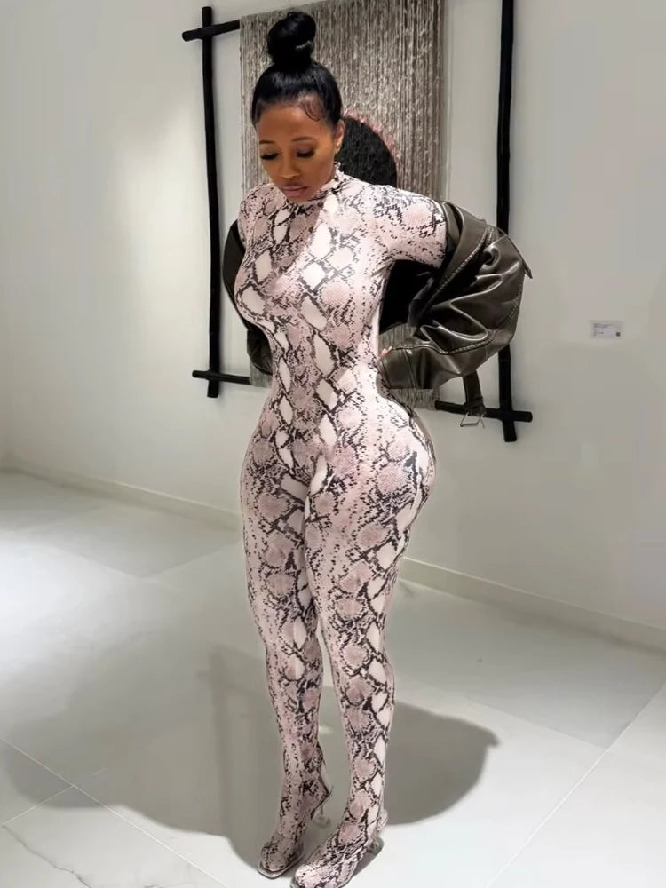 Weird Puss Sexy Snake Print Foot Jumpsuit Women Zip Spring Trend O-Neck Full Sleeve Stretch Street Clubwear Workout Overalls
