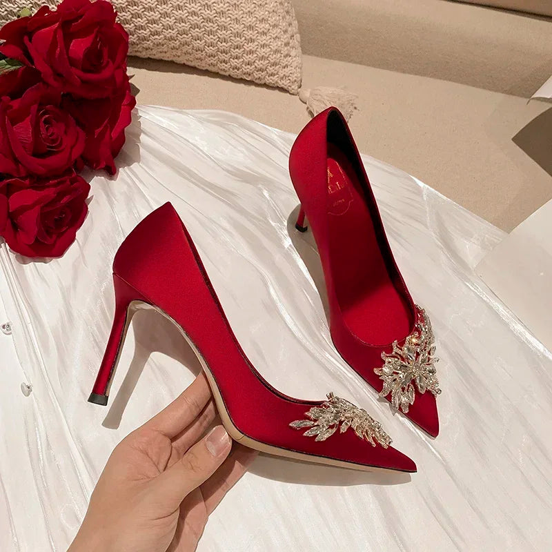2024 Spring Summer Autumn New Wedding Shoes Red High Heels  Slim Heels Korean Version Pointed Toe Bride Shoes High Heels