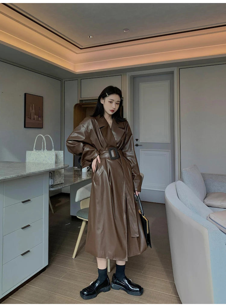 Lautaro Long oversized leather trench coat for women long sleeve lapel loose fit Fall Stylish black women clothing streetwear