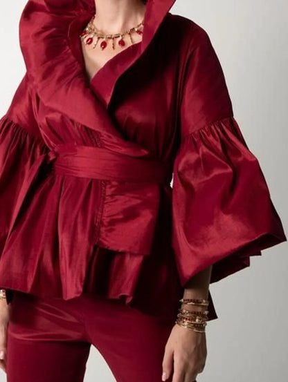 Puff Sleeve Ruffle Wrap Blouse
