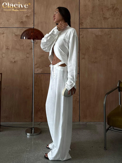 Clacive Loose White Linen Two Pieces