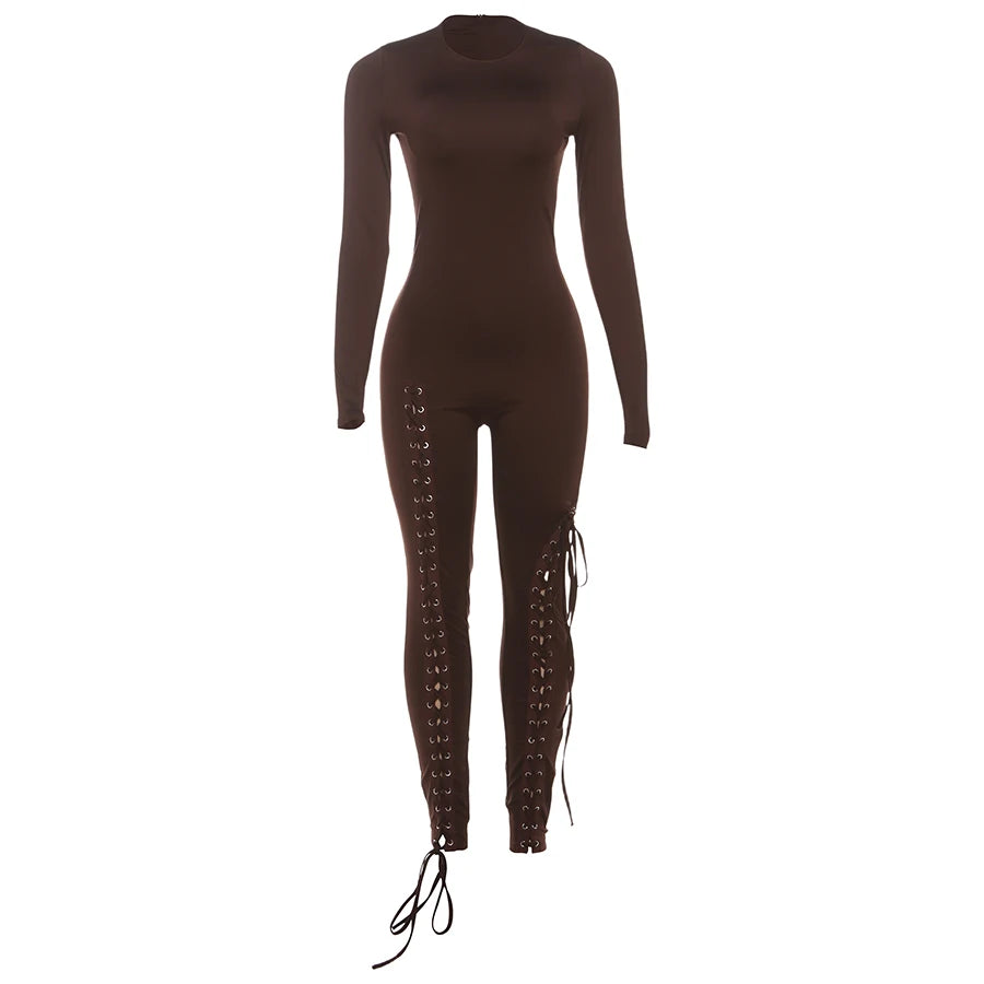 Weird Puss Sexy Fall Jumpsuits Women Diy Shirring o-Neck Full Sleeve Midnight Party Club Stretch Activity Fitness Slim Overalls