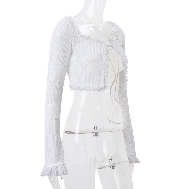 2 Piece Women Skirts Outfits Y2K Fairy Vintage Long Sleeve Cardigan Tops + Ruffle Mini Skirt 00s Retro Coquette Matching Set