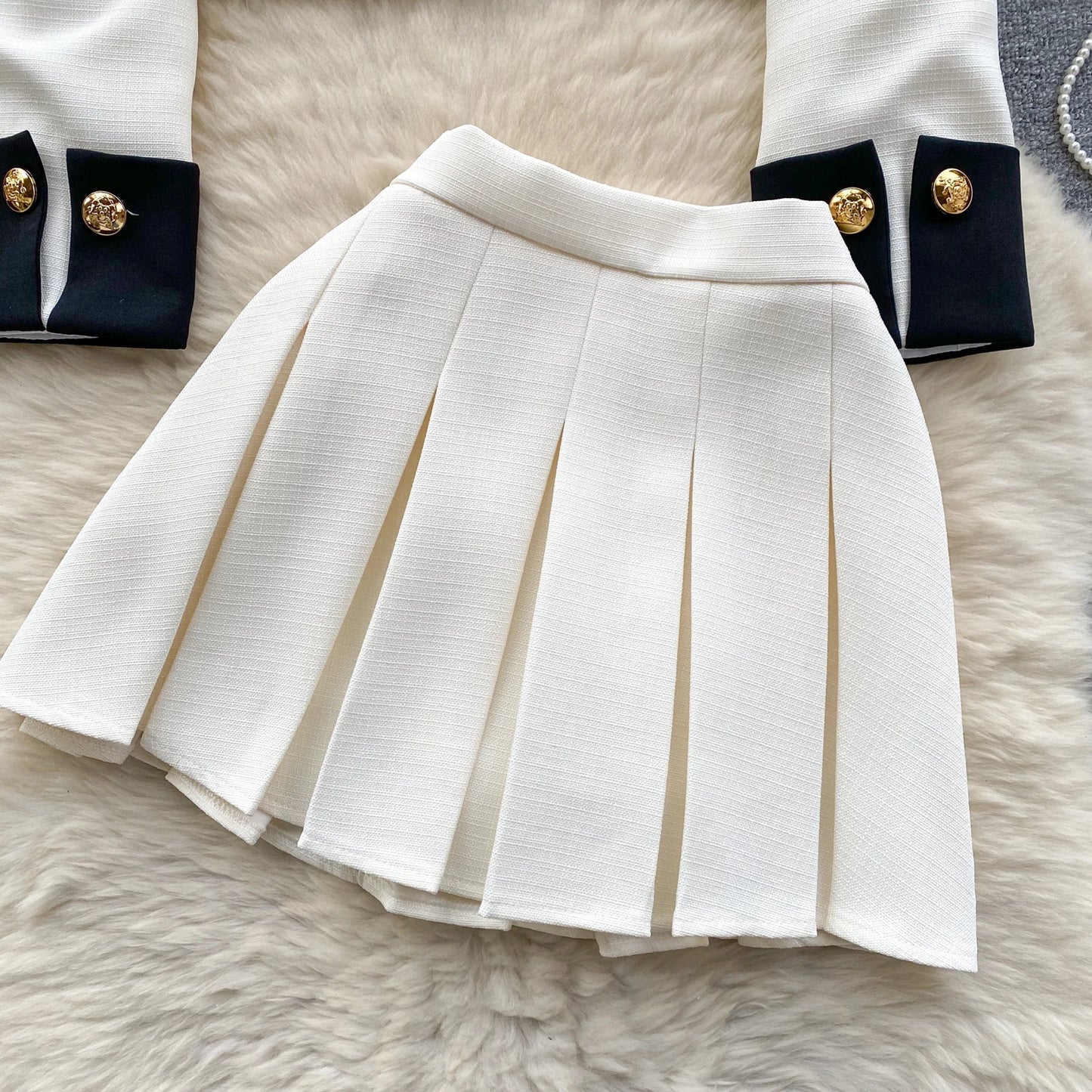 KUSAHIKI 2024 Spring Women's Color Block Short Cardigan Coat + High Waisted Pleated Half Skirt Two Piece Set