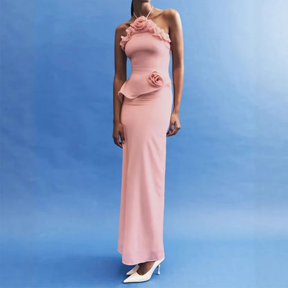 Dimensional Flower Solid Evening Dress Sleeveless