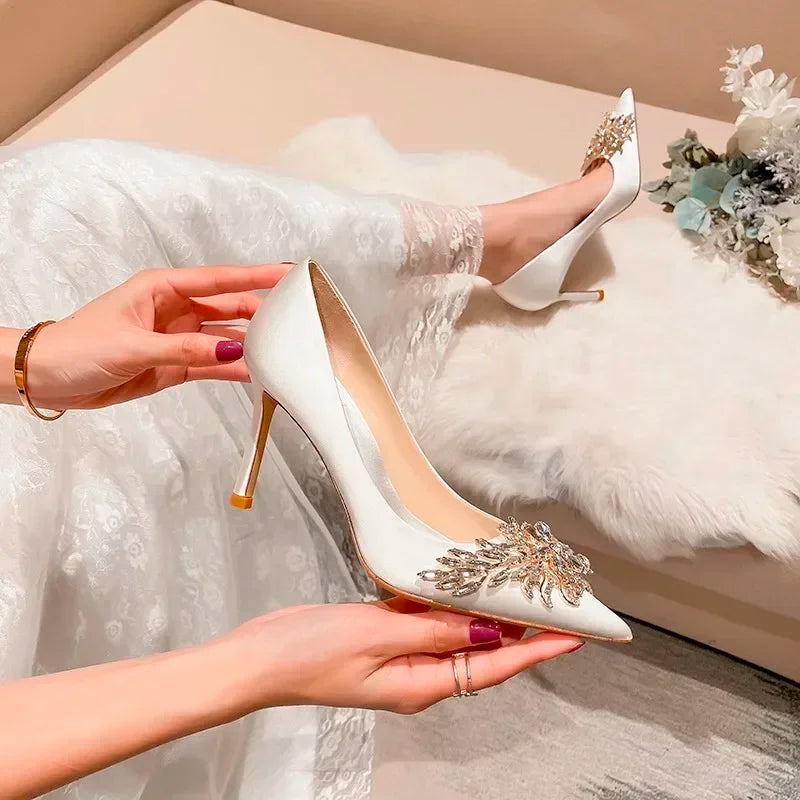 2024 Spring Summer Autumn New Wedding Shoes Red High Heels  Slim Heels Korean Version Pointed Toe Bride Shoes High Heels