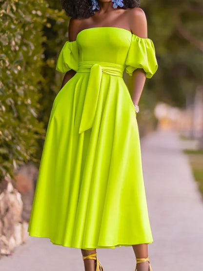 Off-Shoulder Belted Midi Dress