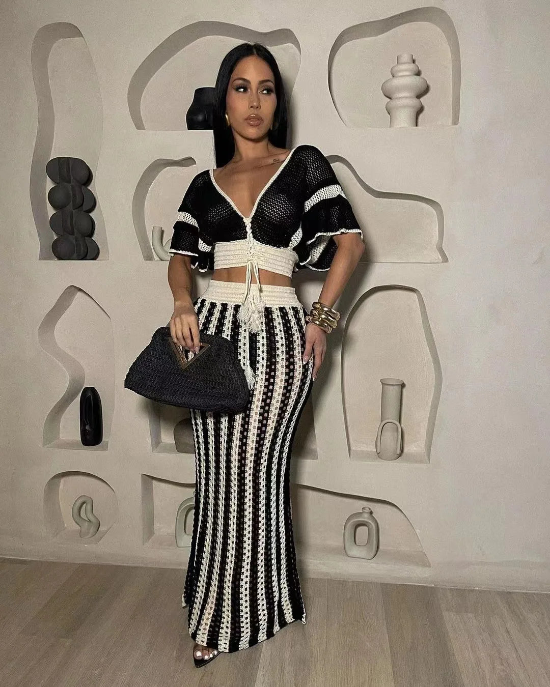 Knitted Hollow-Out Top & Skirt Set