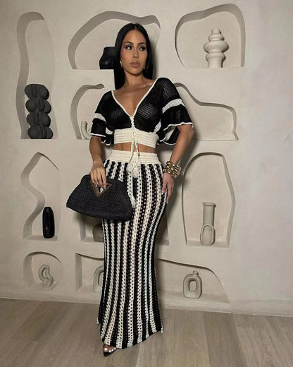Knitted Hollow-Out Top & Skirt Set