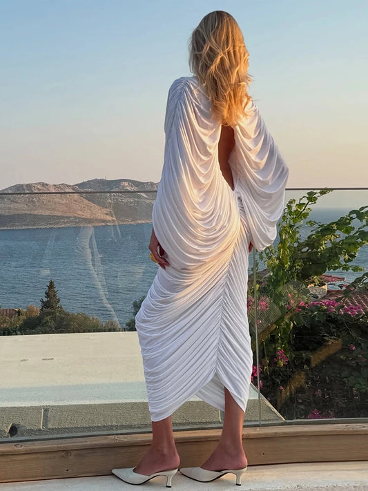 Weird Puss Hollow Ruched Patchwork Dress Peach Buttocks Bat Sleeves Chic Hipster Autumn Hipster Clubwear Skinny Stretch Vestidos