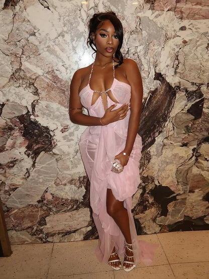 Halter See-Through Chain Backless Maxi Gown