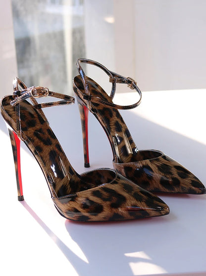 Red background leopard print high-heeled sandals