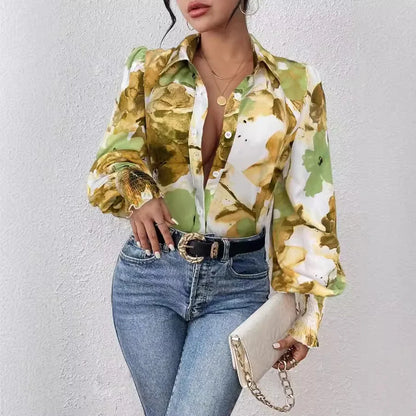 Inked Flower Printed Loose Puff Sleeve