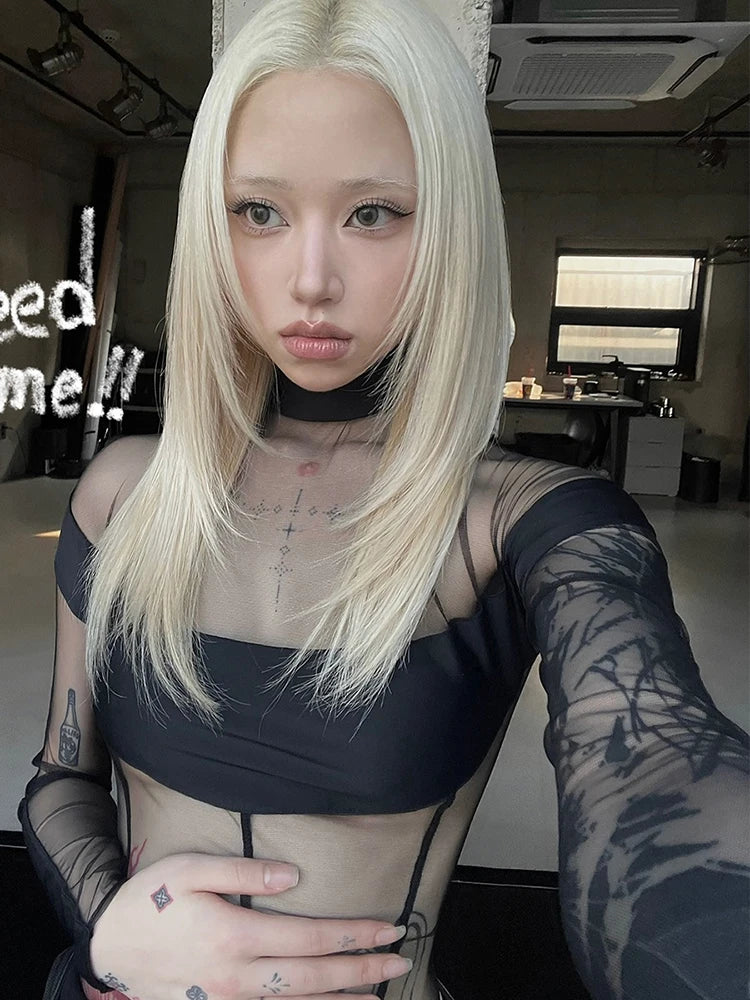 Mesh Patchwork Long Sleeve Sheer Bodysuit