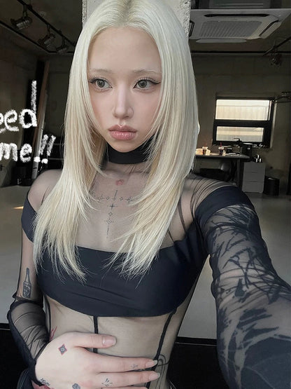 Mesh Patchwork Long Sleeve Sheer Bodysuit