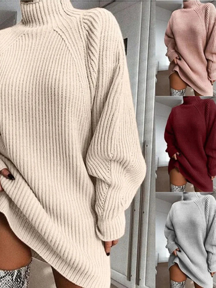 Turtleneck Oversized Knitted Dress Solid Long