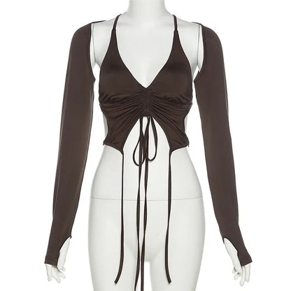 Drawstring Backless Long Sleeve Crop Top