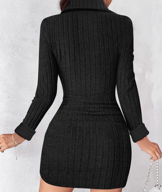 New autumn and winter solid color V-neck fitted bodycon long sleeve dress for women from Europe and America.