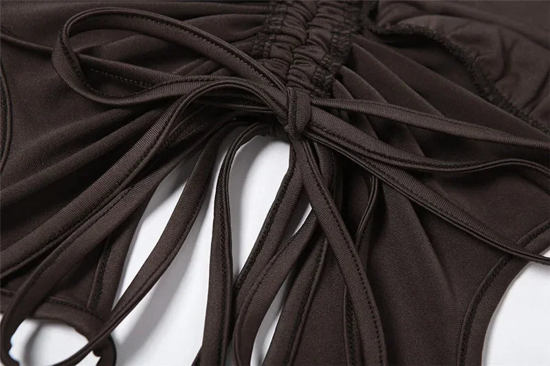 2025 New Dark Y2k Punk Drawstring Bandage Sexy Camis Techwear Backless Long Sleeve Crop Tops Women's Bodycon Summer Streetwear