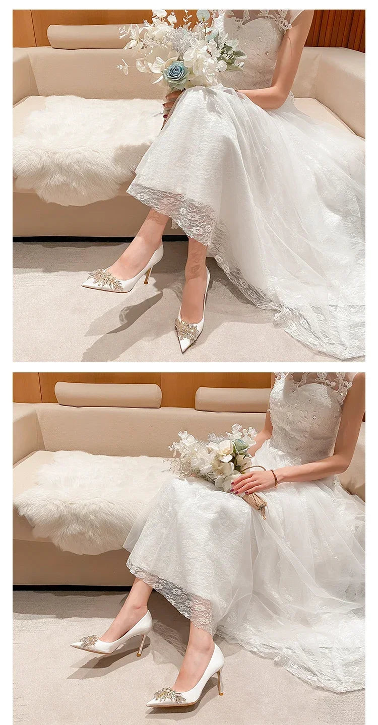 2024 Spring Summer Autumn New Wedding Shoes Red High Heels  Slim Heels Korean Version Pointed Toe Bride Shoes High Heels